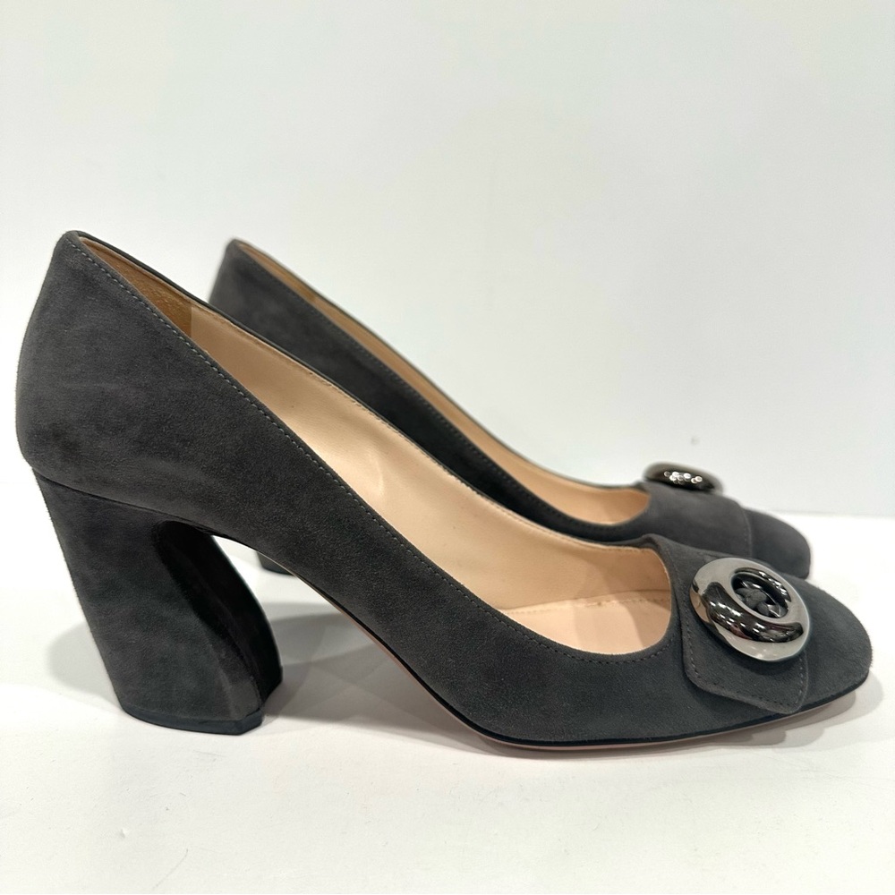 Prada Grey Suede Leather Round Square Closed Curved Block Heel Pumps EU 38 US 8 - Picture 5 of 13